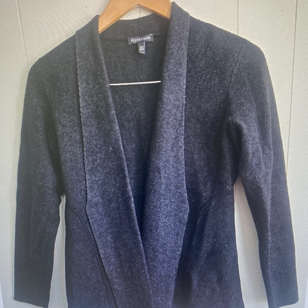 Eileen Fisher Dark Charcoal Open-Front Knit Cardigan